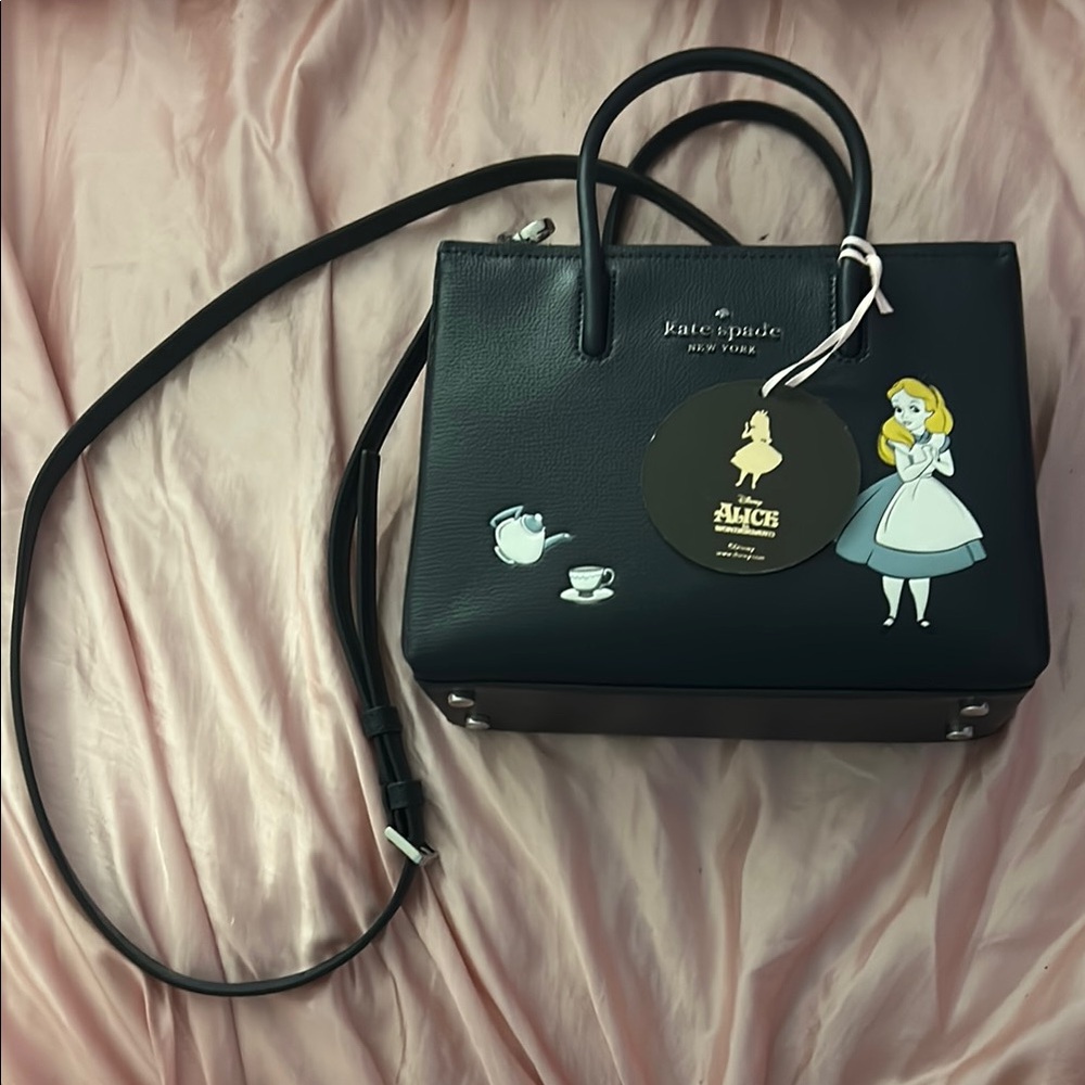 Brand New Kate Spade Black Crossbody Bag with Alice in Wonderland Design